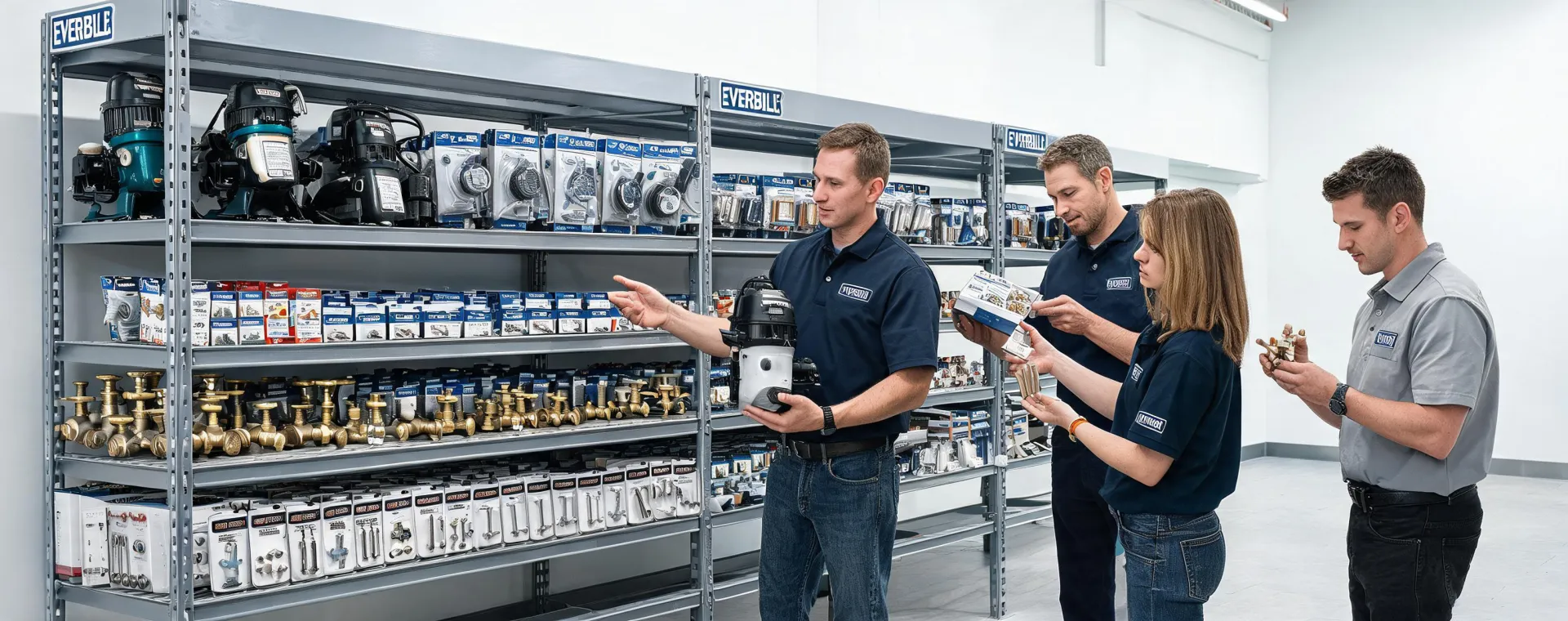 Everbilt team reviewing hardware shelves