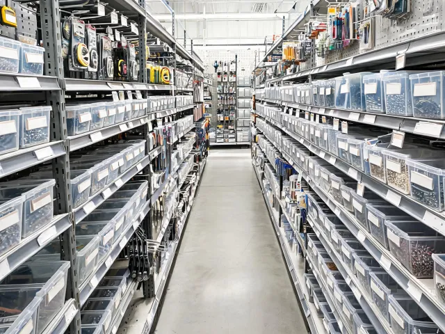 Hardware aisle with organized fastener bins