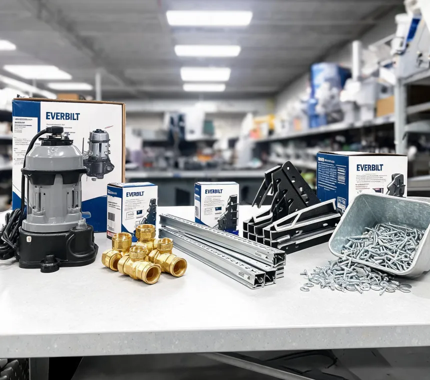 Everbilt hardware and pump products on a workbench